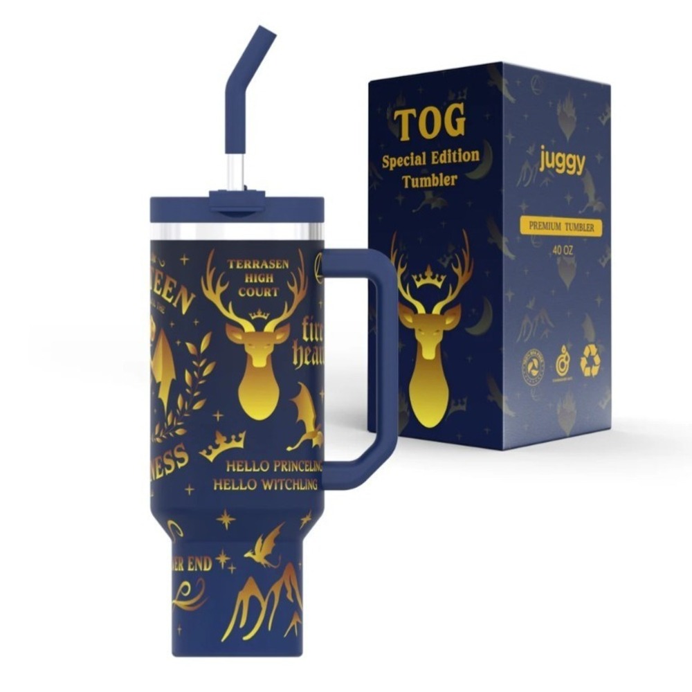 Throne Of Glass TOG Juggy 40 oz NewGen Tumbler Navy Gold Deer Heart Sword NEW